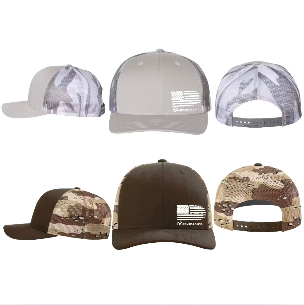 Camo and Flag Hats